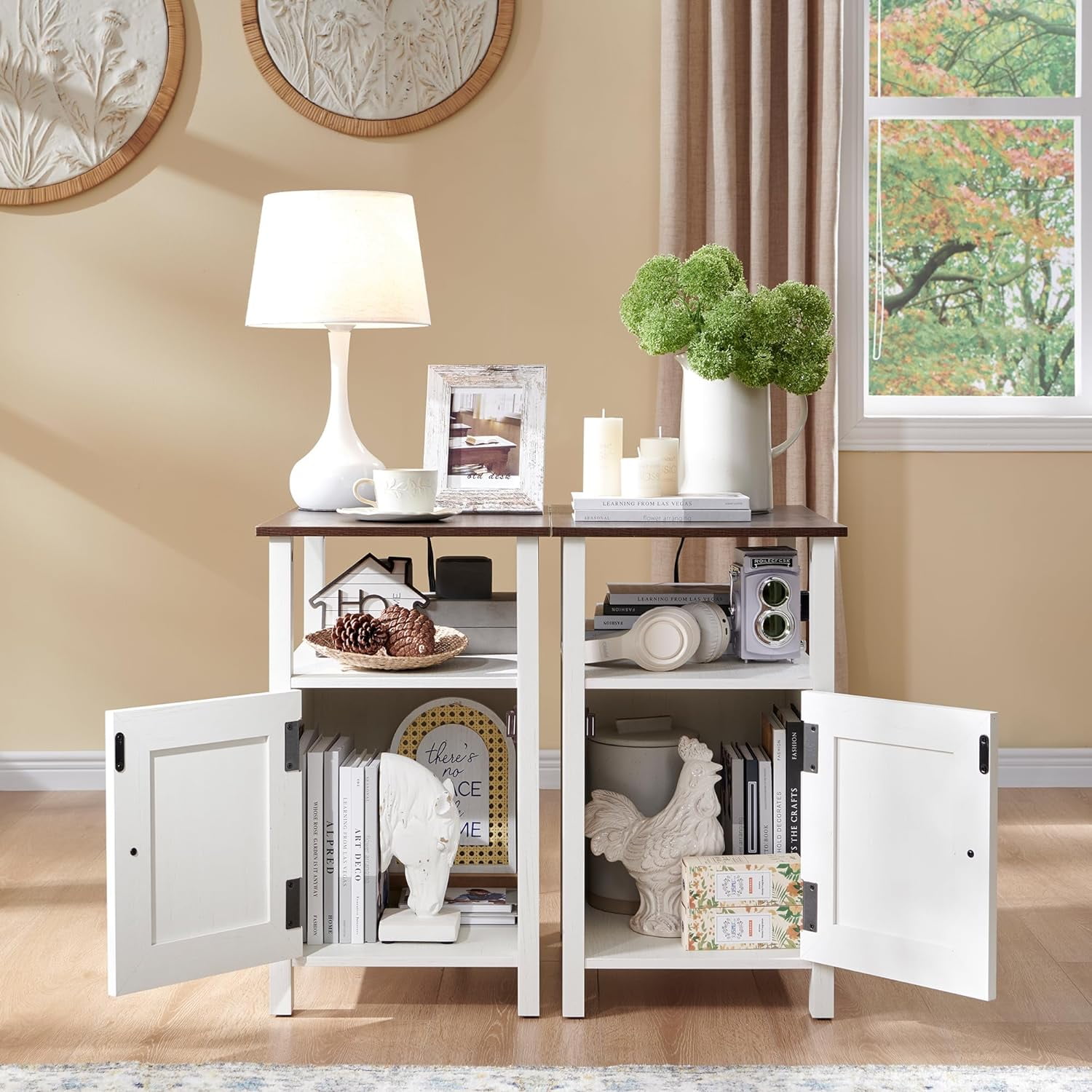 SinCiDo Farmhouse Nightstand Set of 2 with Charging Station, Barn Door & Open Shelves, White Wood