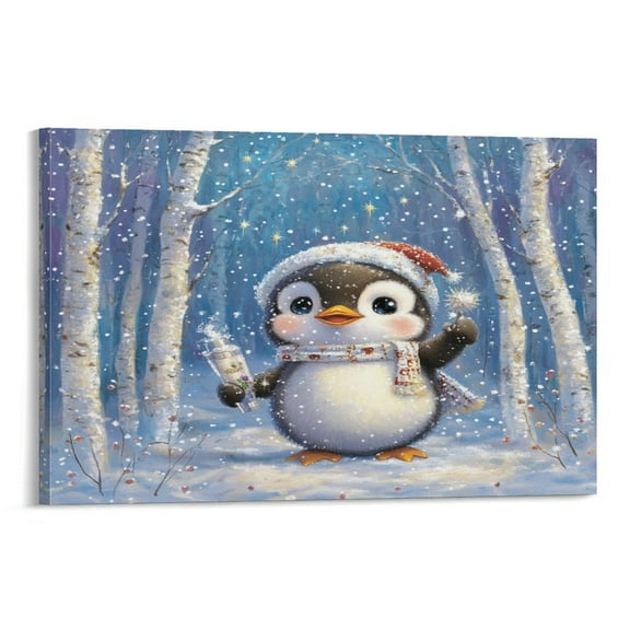 Christmas Decorations Wall Art Pictures 08x12inch Canvas Prints Happy Penguin Merry Christmas Cute Bathroom Wall Art Funny Bathroom Wall Art Decor Framed Ready to Hang