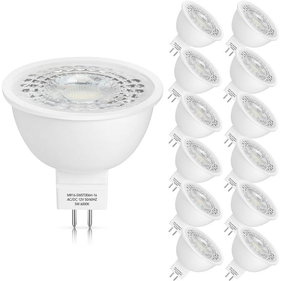 12 Pack MR16 LED Bulbs 50W Halogen Equivalent,6000K Cool Whitee,5W GU5.3 MR16 12V Spotlight Bulb,Non-Dimmable,45° Beam Angle for Landscape, Recessed