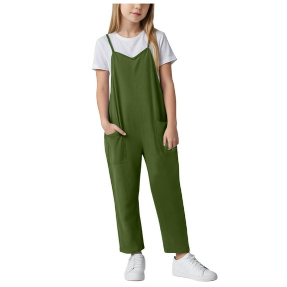 Splozh Girls Jumpsuits Girls Jumpsuit Sleeveless Smocked Wide Leg Romper One Piece Summer Outfits with Pockets Green,11-12 Years