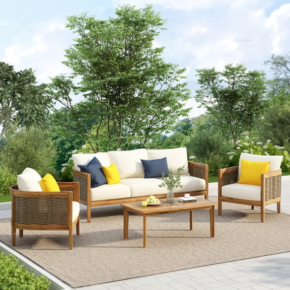 Christopher Knight Home 4-Piece Outdoor Acacia Wood Conversation Set with Cushions, Teak Finish