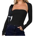 thumbnail image 1 of Conjunto de 2 piezas de top con hombros descubiertos, color liso, ajustado, con hombros descubiertos, camiseta sin mangas de manga larga para mujer, color negro M, 1 of 12