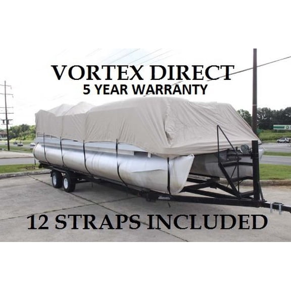 NEW BEIGE 20 FT VORTEX ULTRA 5 YEAR CANVAS PONTOON/DECK BOAT COVER, ELASTIC, STRAP SYSTEM, FITS 18'1" FT TO 20' LONG DECK AREA, UP TO 102" BEAM (FAST FREE SHIPPING - 1 TO 4 BUSINESS DAY DELIVERY)