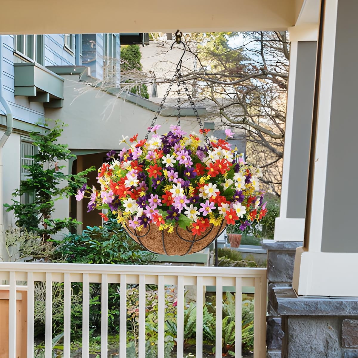 Artificial Fake Hanging Plants Flowers Basket for Spring Outdoor Decoration,Faux Silk Flowers Realistic UV Resistant in 12 inch Coconut Lining Baskets for Patio Decor(Rose red White)