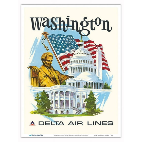 Washington DC - Delta Air Lines - Vintage Airline Travel Poster by Fred Sweney c.1960s - Master Art Print (Unframed) 9in x 12in