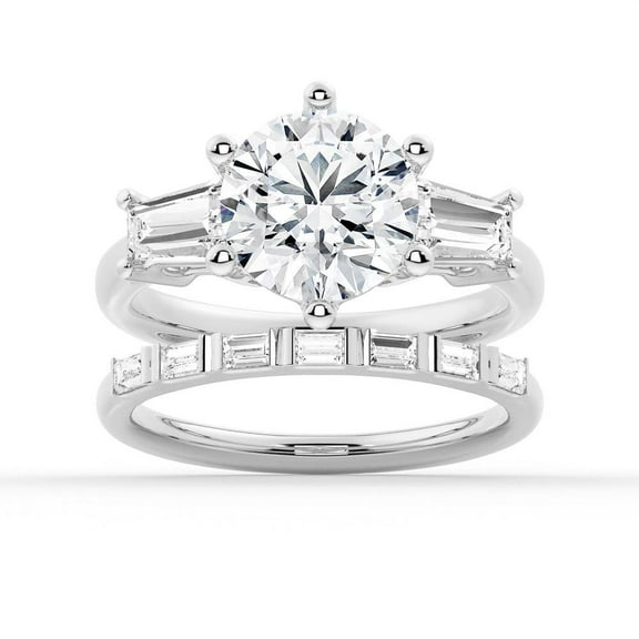 ESTE ORIGIN 2Ct Round Brilliant Moissanite Diamond Three-Stone Engagement Ring with Baguette Side Stones in 10K White Gold Bridal Ring Set US 8