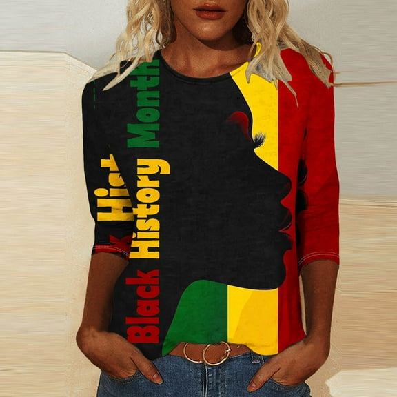 Jjayotai Black Women Tops, Casual 2025 3/4 Sleeve T Shirt, Black History Month Loose Crew Neck Blouses, Suit for Parade Multicolor L