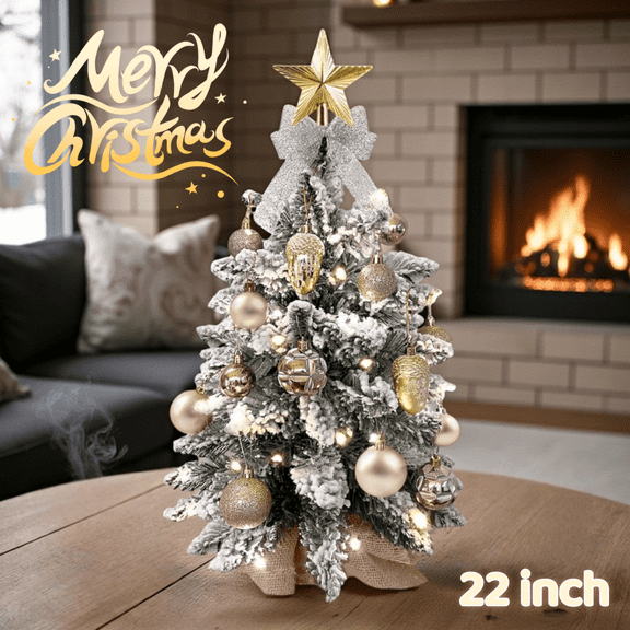 Tcbosik Mini Flocked Christmas Tree, 22 inch Prelit Tabletop Artificial Xmas Tree with Ornaments & LED Lights for Home Party Holiday Decor, Gold