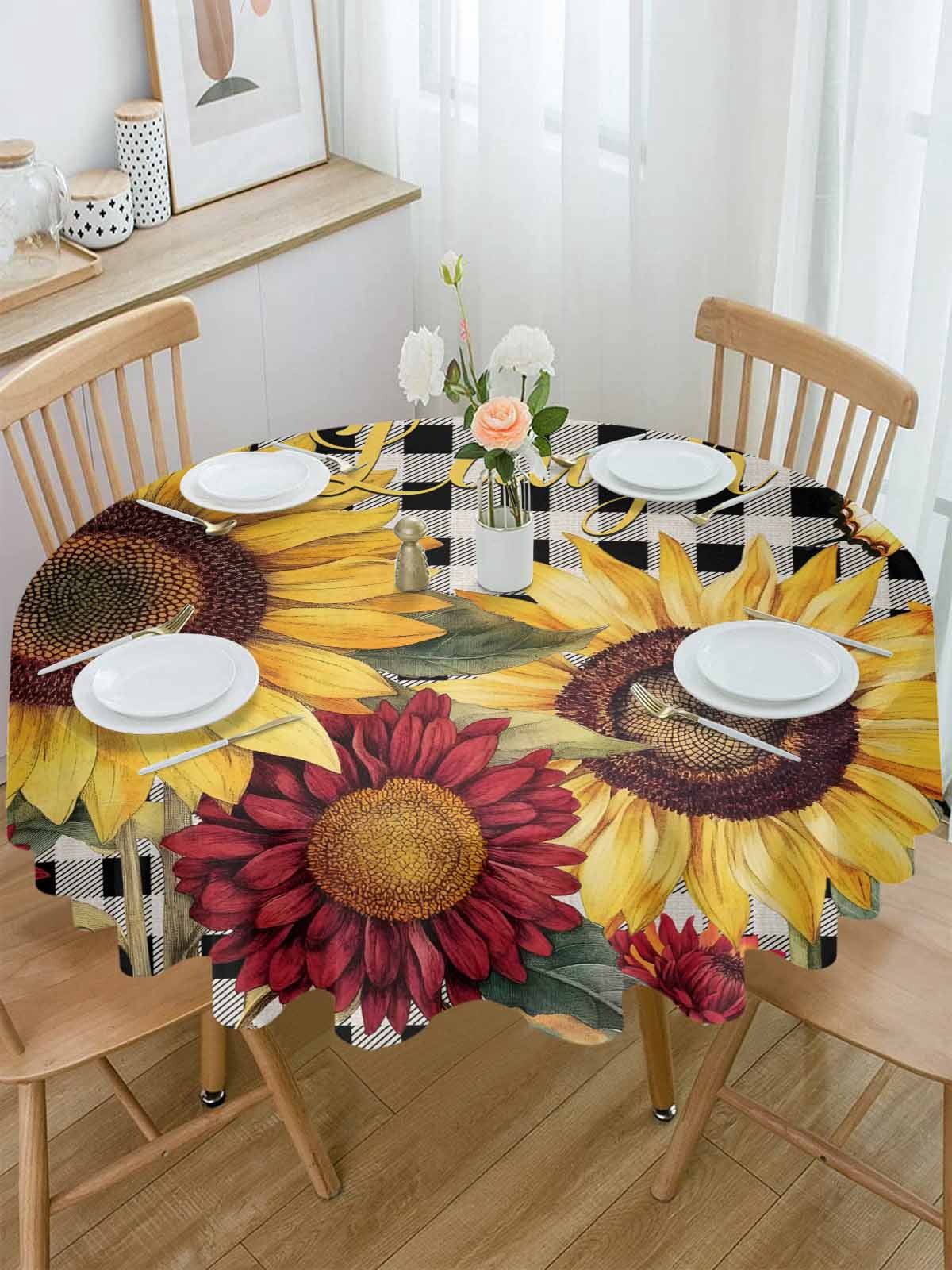 Round Tablecloth Butterfly Sunflower Waterproof Oil Proof Polyester Table Cloth Cover Decor for Home Dining Outdoor,Patio,Parties, 54" Dia. Live Love Laugh Black Plaid