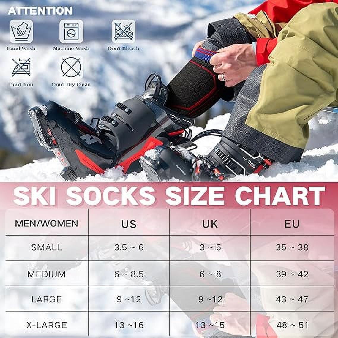 2 Pairs Merino Wool Ski Socks, Men Women Compression Snowboard Winter Thermal Socks for Skiing, Snowboarding, Cold Weather, Winter (Redblue USA Size 13-16)