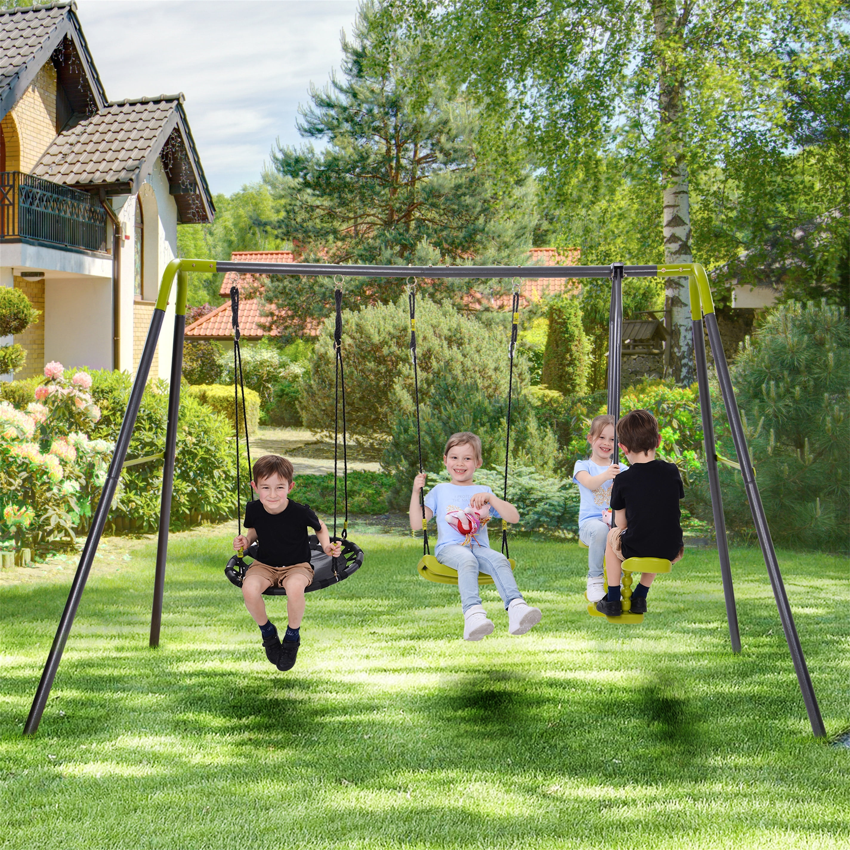 3 in 1 Kids Outdoor Game Play Set Double Swing 1 Seat Seesaw Child Birthday Gift 