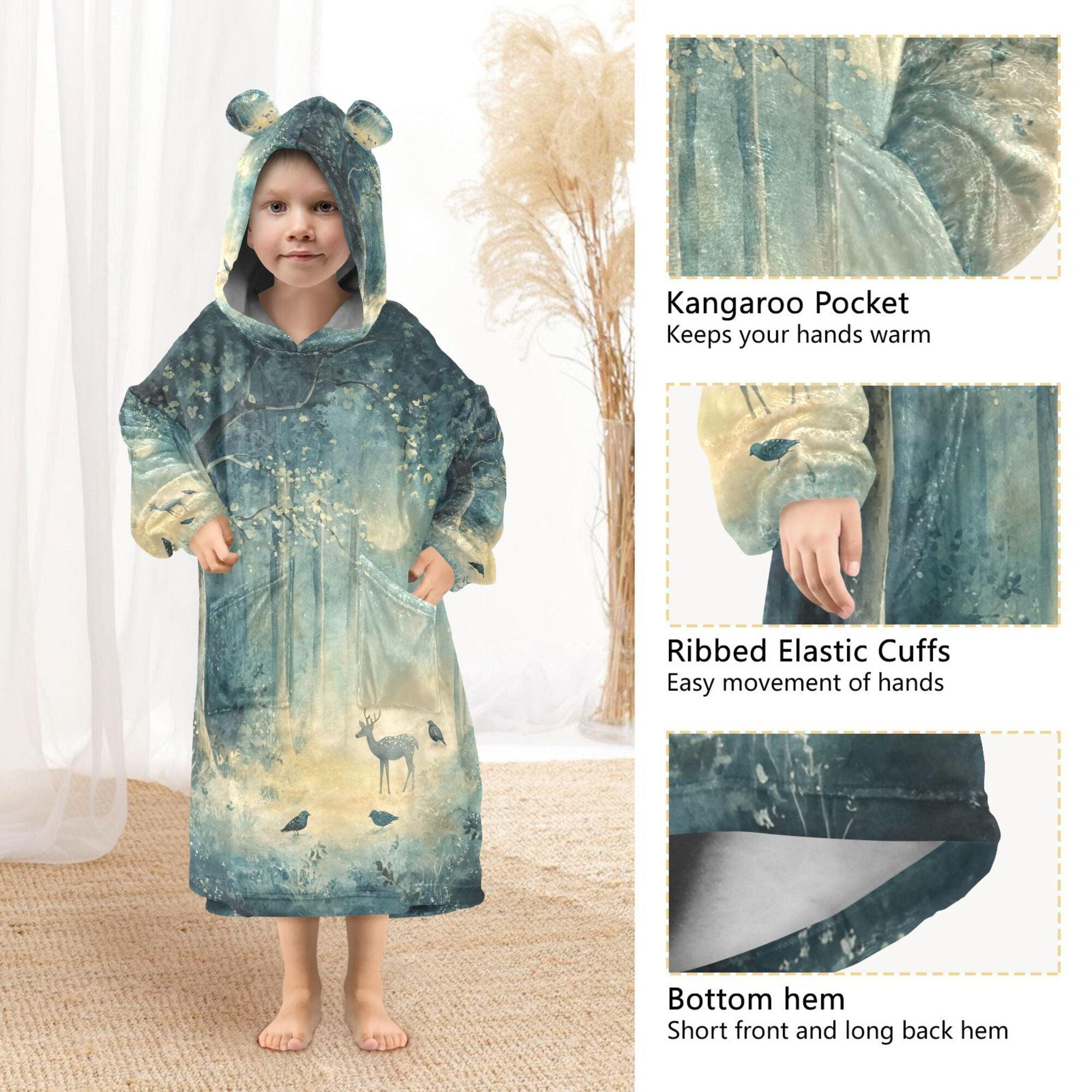 FORMRS Wearable Blanket Hoodie with Sleeves for Kids Cozy Flannel Sweatshirt, Night Forest Scene