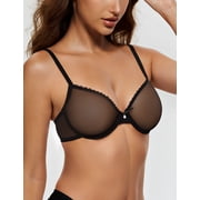 Wingslove Women's Sexy Sheer Bra Unlined Underwire Support See Through Everyday Bra with Silicone Nipple, Black 38C