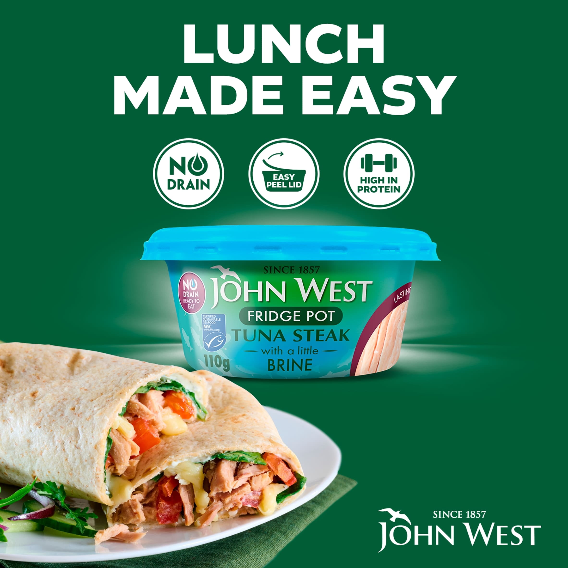 John West No Drain Fridge Pot Tuna Steak with a Little Brine 110g, Imported from Britain