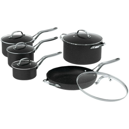 THE ROCK by Starfrit 10-Piece Non-Stick Aluminum Cookware Set with Stainless Steel Handles, Black, 060319-001-0000