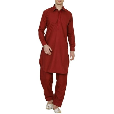 

Royal Mens Maroon Neck Embroidery Classic Collar Polycotton Pathani Kurta and Salwar