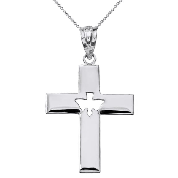 925 Sterling Silver Cross with Dove Holy Spirit Cut Out Pendant Necklace (16 Inches)