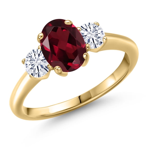 Gem Stone King 10K Yellow Gold Red Rhodolite Garnet and White Moissanite Engagement Ring for Women | 1.81 Cttw | Oval 8X6MM | Gemstone January Birthstone | Size 5