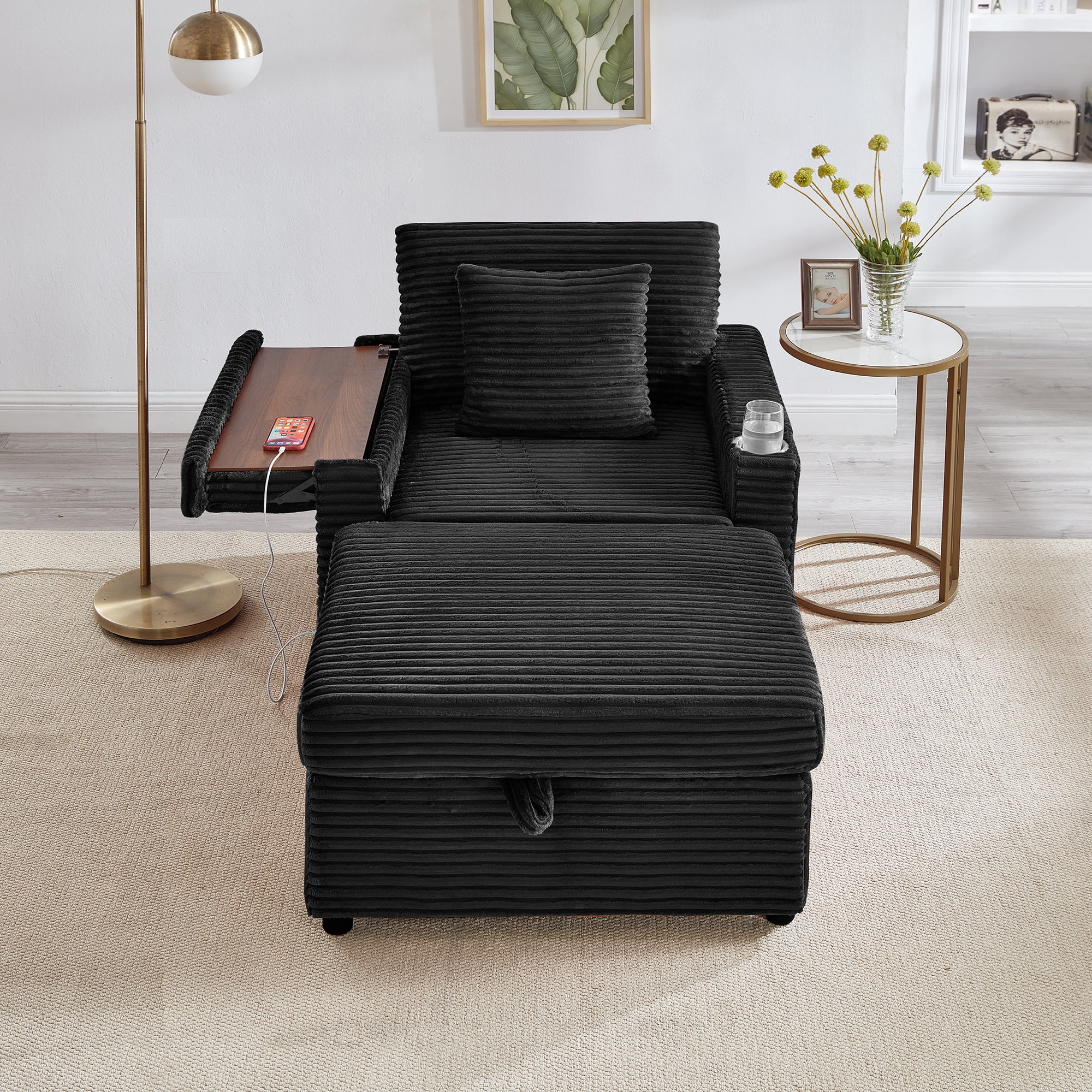 34.5" Soft Chaise Lounge Accent Chair Set with Ottoman, Table Board and Cup Holder