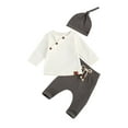 thumbnail image 1 of FAROOT Baby Retro Slant Buttons Blouse, Lace-up Pants, Round Hat 3pcs Clothes, 1 of 9