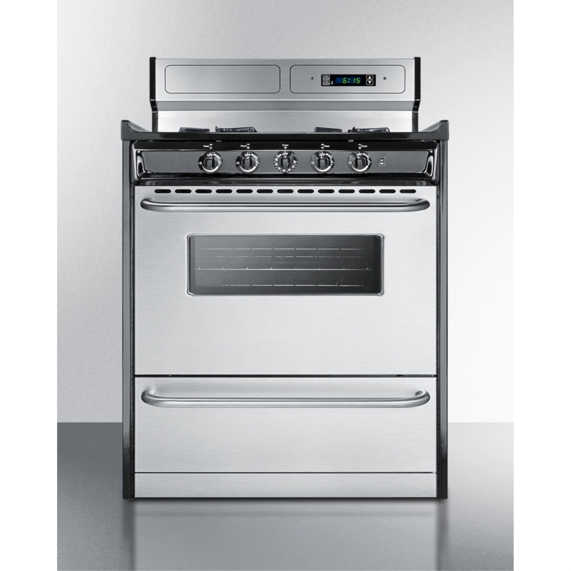 30" wide gas range in stainless steel, open burners and clock/timer on high backguard