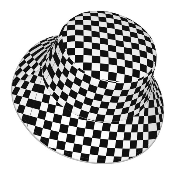 Checkerboard Black And White Bucket Hat Stripe Beach Fisherman Hats For Women Men Reversible Double-Side-Wear With Reflective
