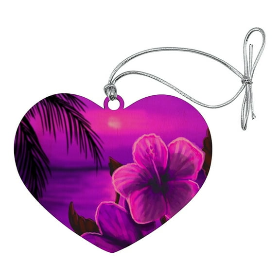 Beach Sunset Hibiscus Flower Hawaiian Purple Heart Love Wood Christmas Tree Holiday Ornament