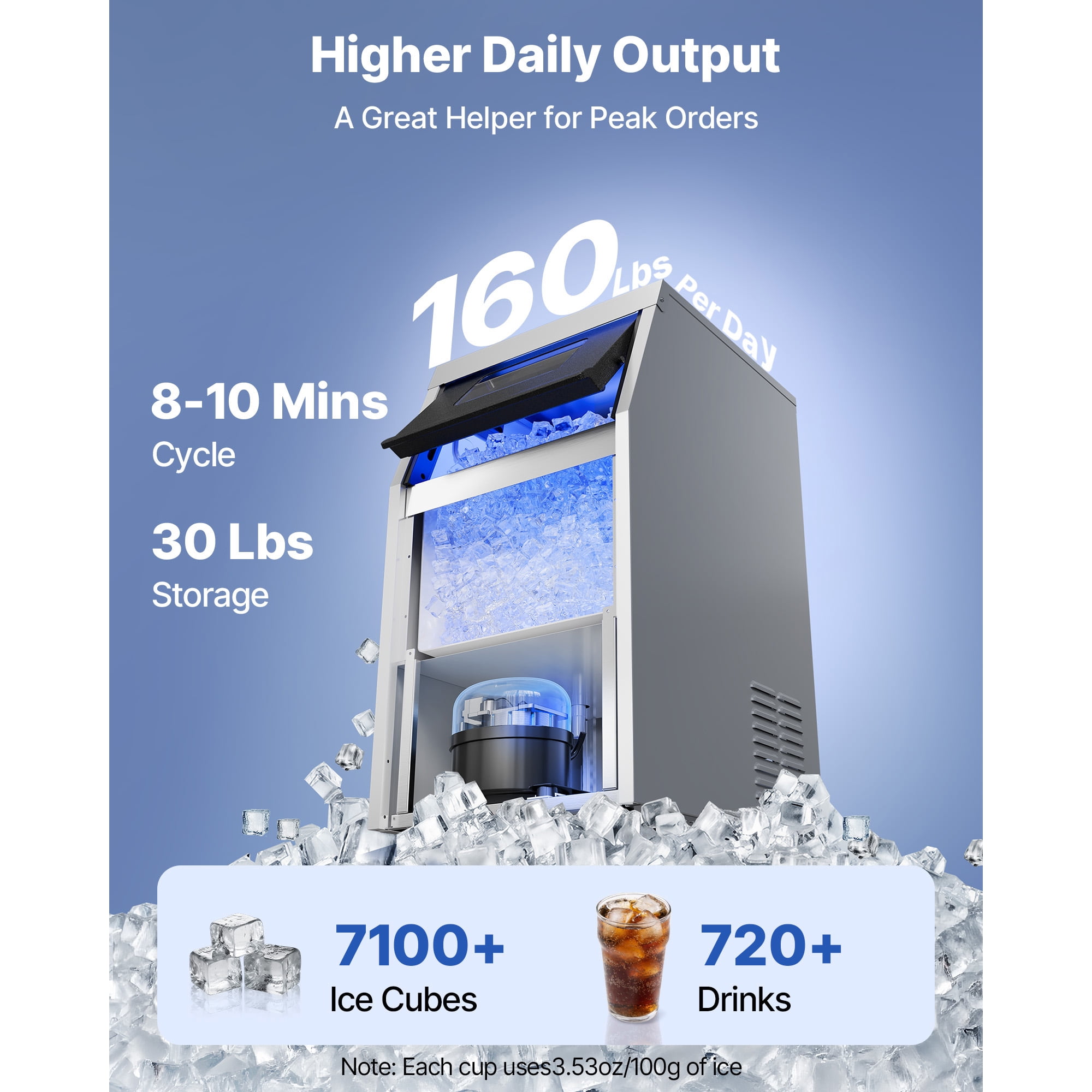 KFFKFF Commercial Ice Maker Machine, 160 lbs/24h with 30 lbs Storage, Built-in/Freestanding/Under Counter, Stainless Steel Ice Maker with LED Display & Self-Cleaning, Suitable for Home, Bar
