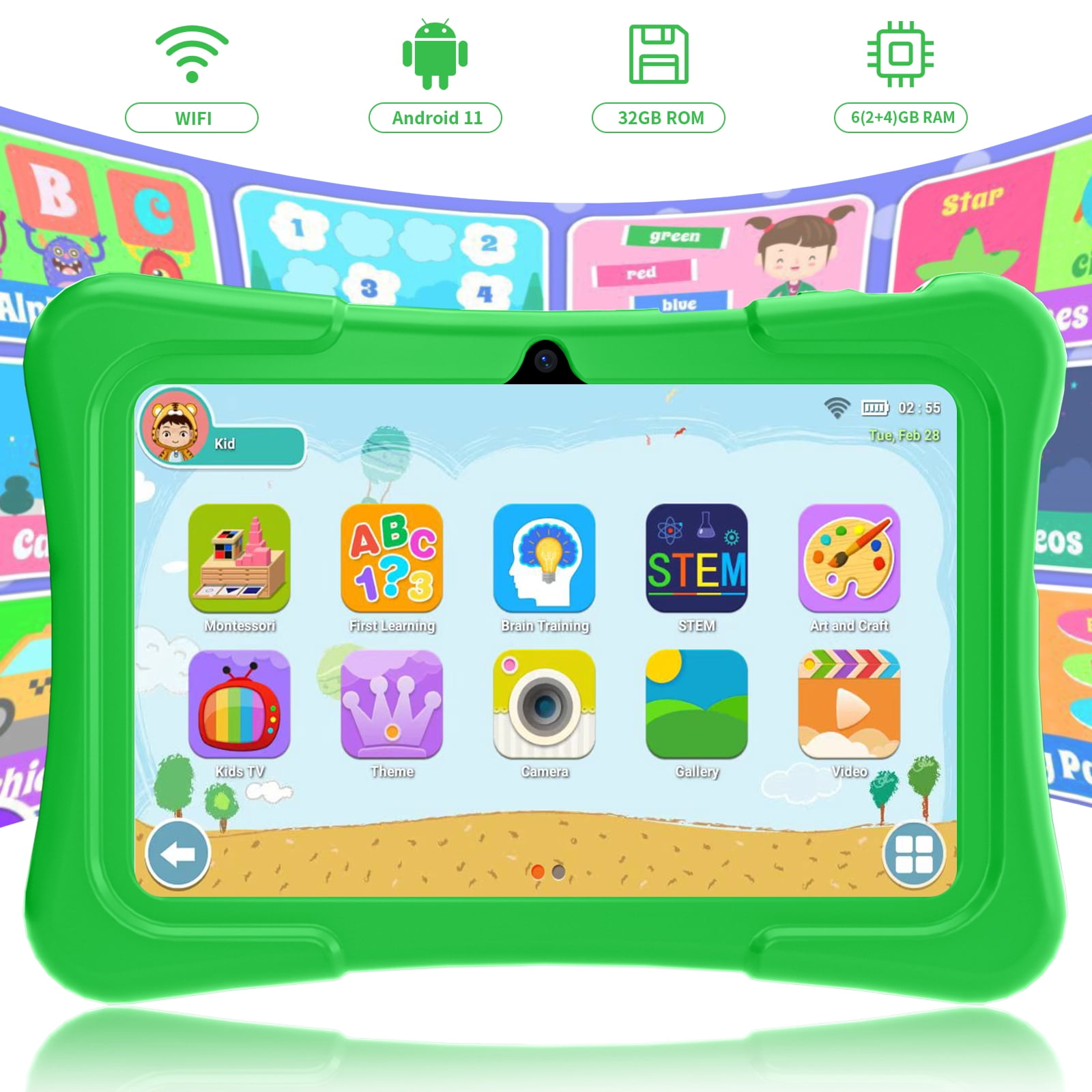 EDDBNi 7" Kids Tablet，6GB RAM 32GB ROM Android Tablet Computer for Children，parental controls，Eye Protection Toddler Tablet for Ages 4-12（green）