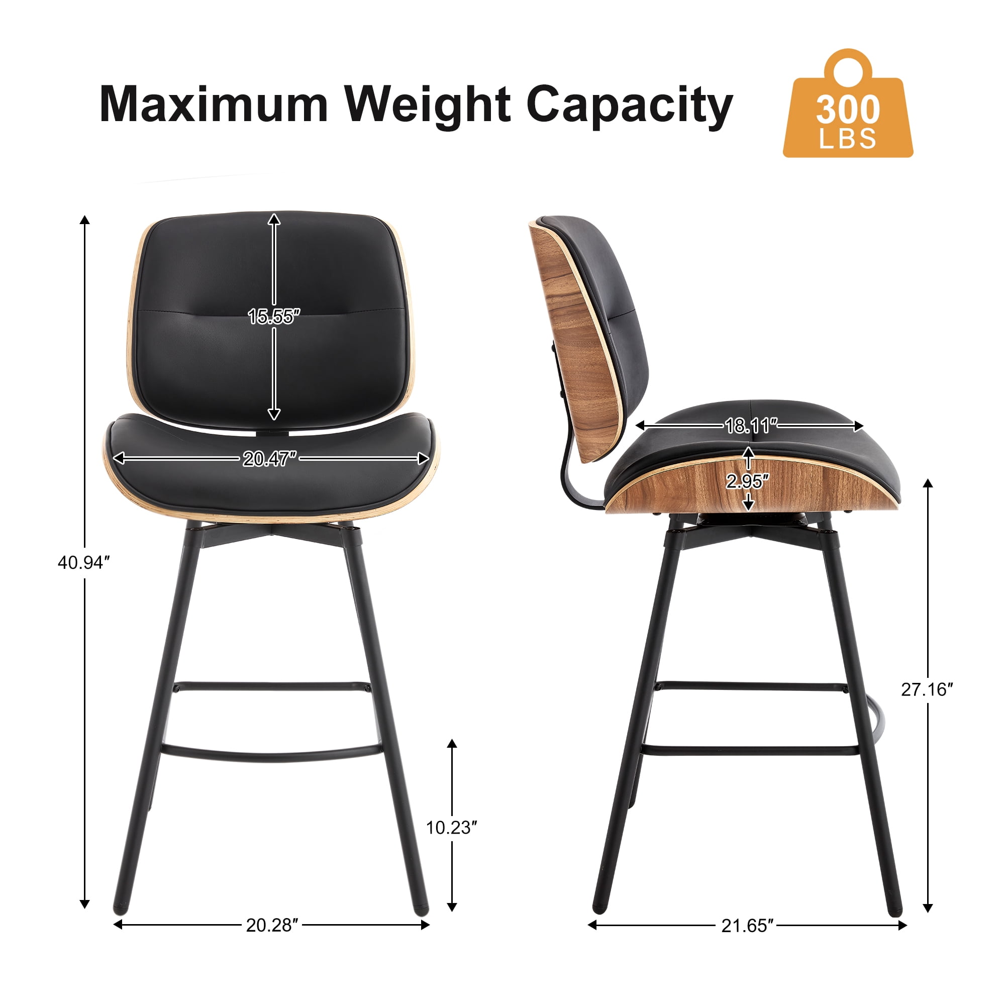 Counter Height Bar Stools Set of 2, 26" Swivel PU Leather Upholstered Bar Stools with Walnut Backs and Metal Legs, Retro Counter Stools for Kitchen Island, Dining Room, Pub, Black