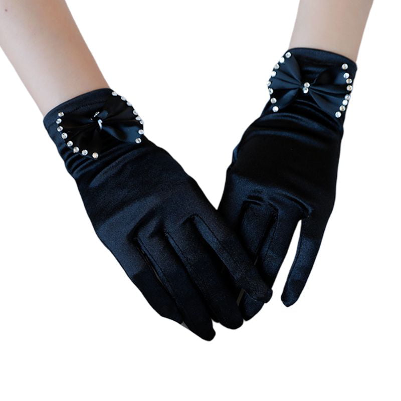 Luxurious Black Satin Bowknot 5 Bow Fingered Formal Prom Wedding  Gloves 