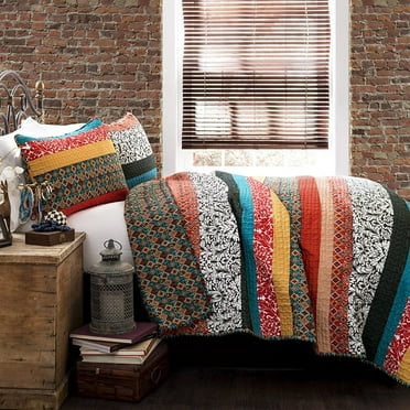 Boho Stripe Reversible Cotton Quilt 3-Piece Set, Full/ Queen, Turquoise & Tangerine - Bold Colorful Bohemian Bedding Set