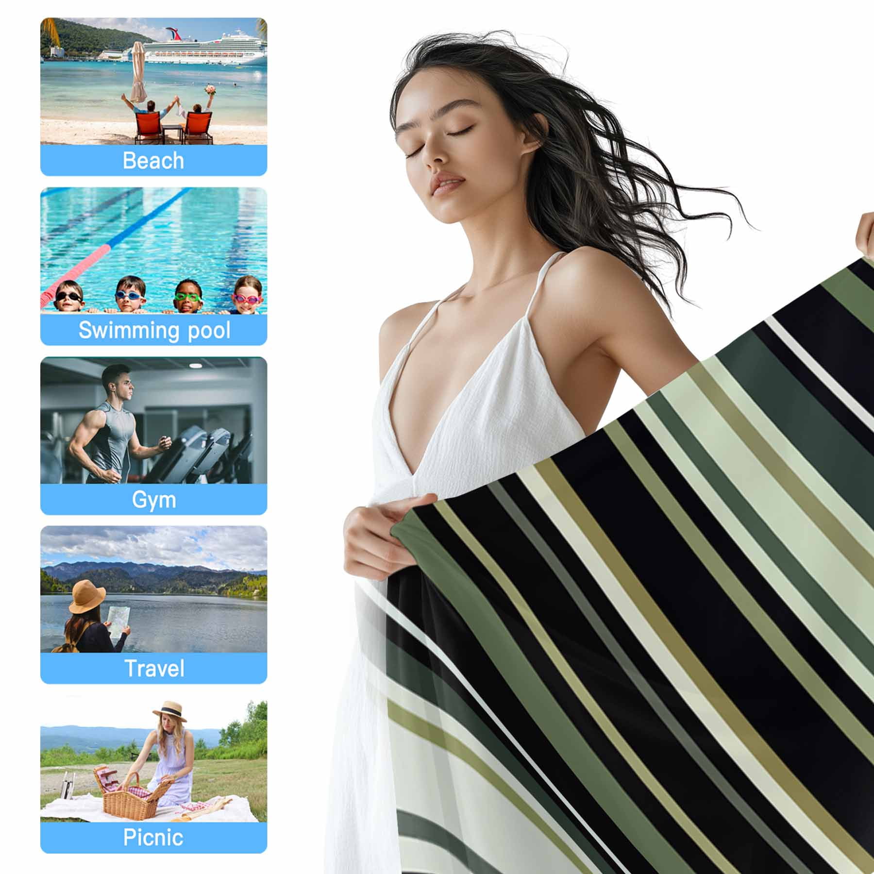 Green Black Retro Stripe Beach Towels Blanket Soft&Absorbent Quick Dry Microfiber Minimalist Geometric Pattern Pool Towels for Swimming ,Yoga, Sports, Gym, Camping,Large 30X60in,