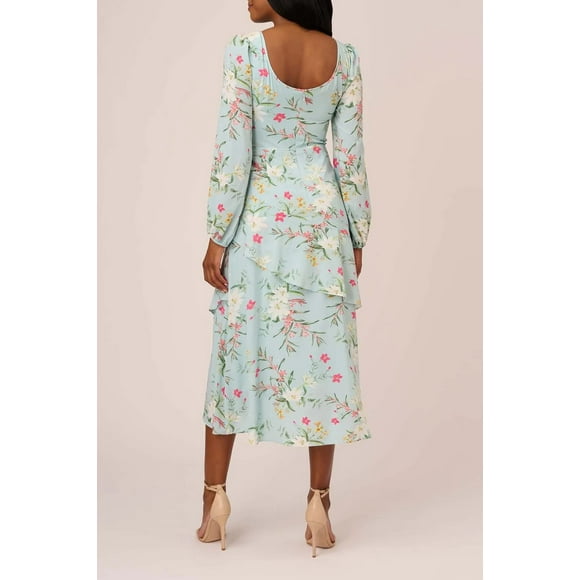 Arianna Papell Col Ras du Cou Fente Manches Longues Étagées en Mousseline de Soie Imprimé Floral Robe-Menthette Fumigène-4