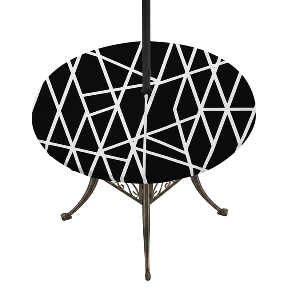 Black White Stripes Round Outdoor Tablecloth with Umbrella Hole Zipper, Modern Abstract Art Geometric Elastic Fitted Table Cover, Waterproof Table Cloth for Patio Picnic Party Fits 36"-44"