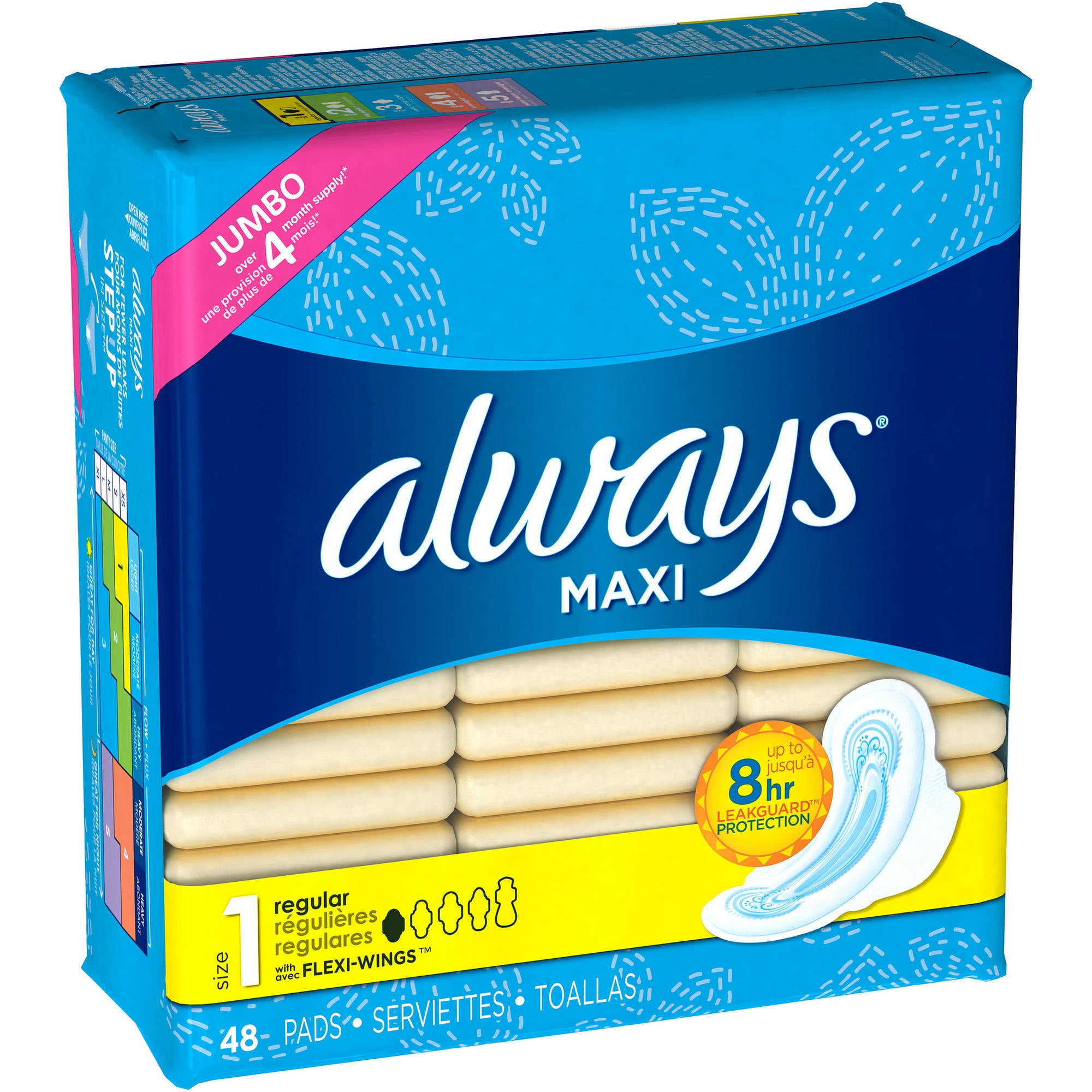 Always Maxi Size 1 Regular Pads with Wings, Unscented, 18 Count