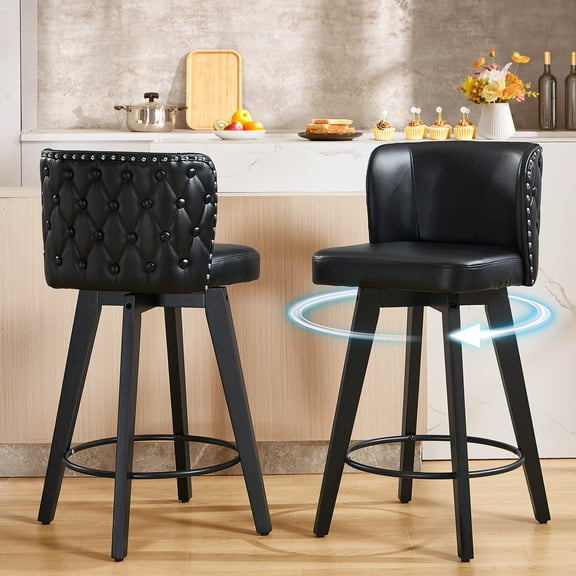 TEWLOSS Counter Height Bar Stools Set of 2, 27.5in Swivel PU Leather Bar Chairs with Curved Back for Kitchen Island, Black