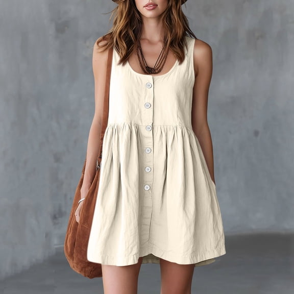 Qulqfy Casual Summer Dresses for Women Mini Solid Sleeveless Cotton Square Neck Vacation Button Down Spring Wedding Guest Flowy Sundress L