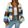 thumbnail image 2 of Women's Striped Chunky Needle Button-Down Cardigan Sweater Colorblock Long Sleeve Knitted Jacket for Fall and Winter Fashion,Coffee,XL, 2 of 7