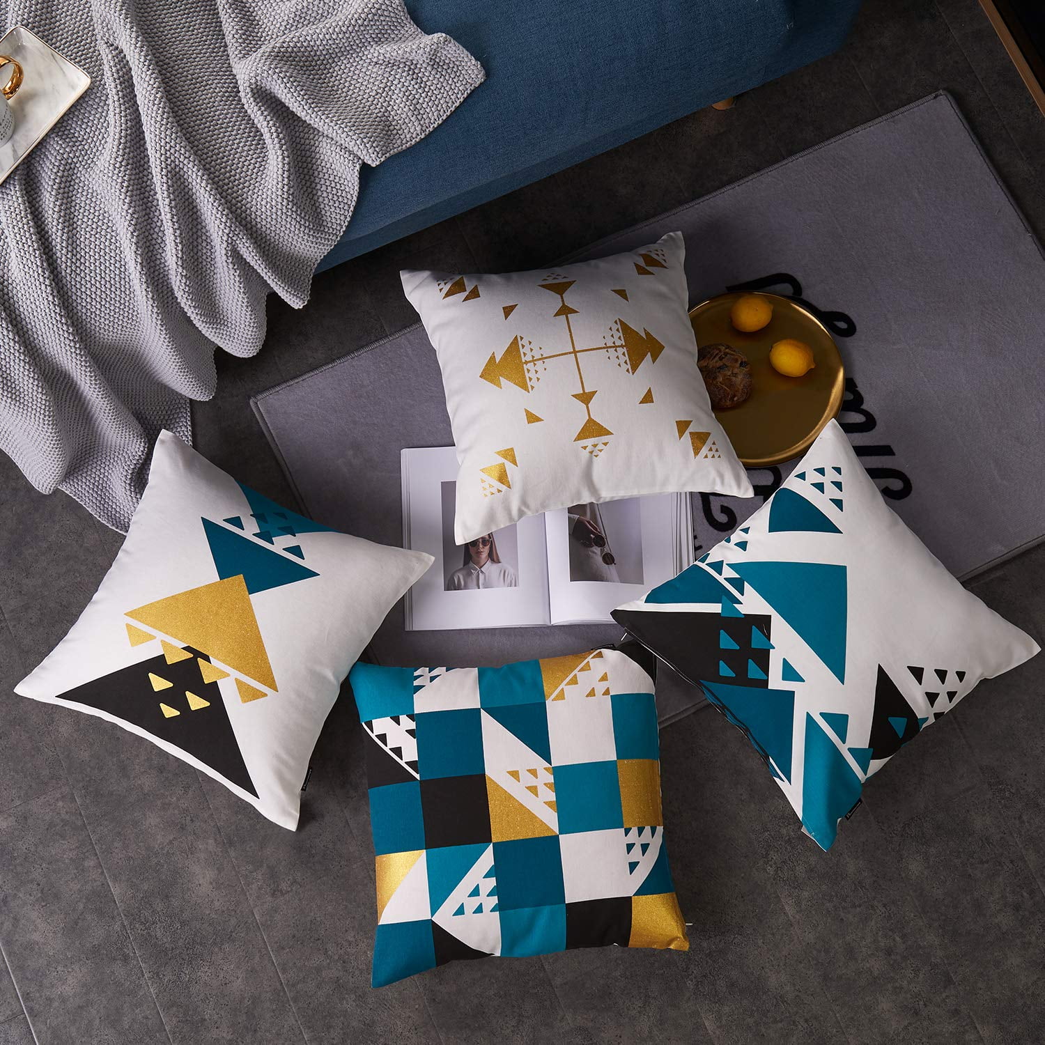 Phantoscope Geometric 100% Cotton Series Decorative Throw Pillow Cover, 18" x 18", Blue/Gold, 4 Pack