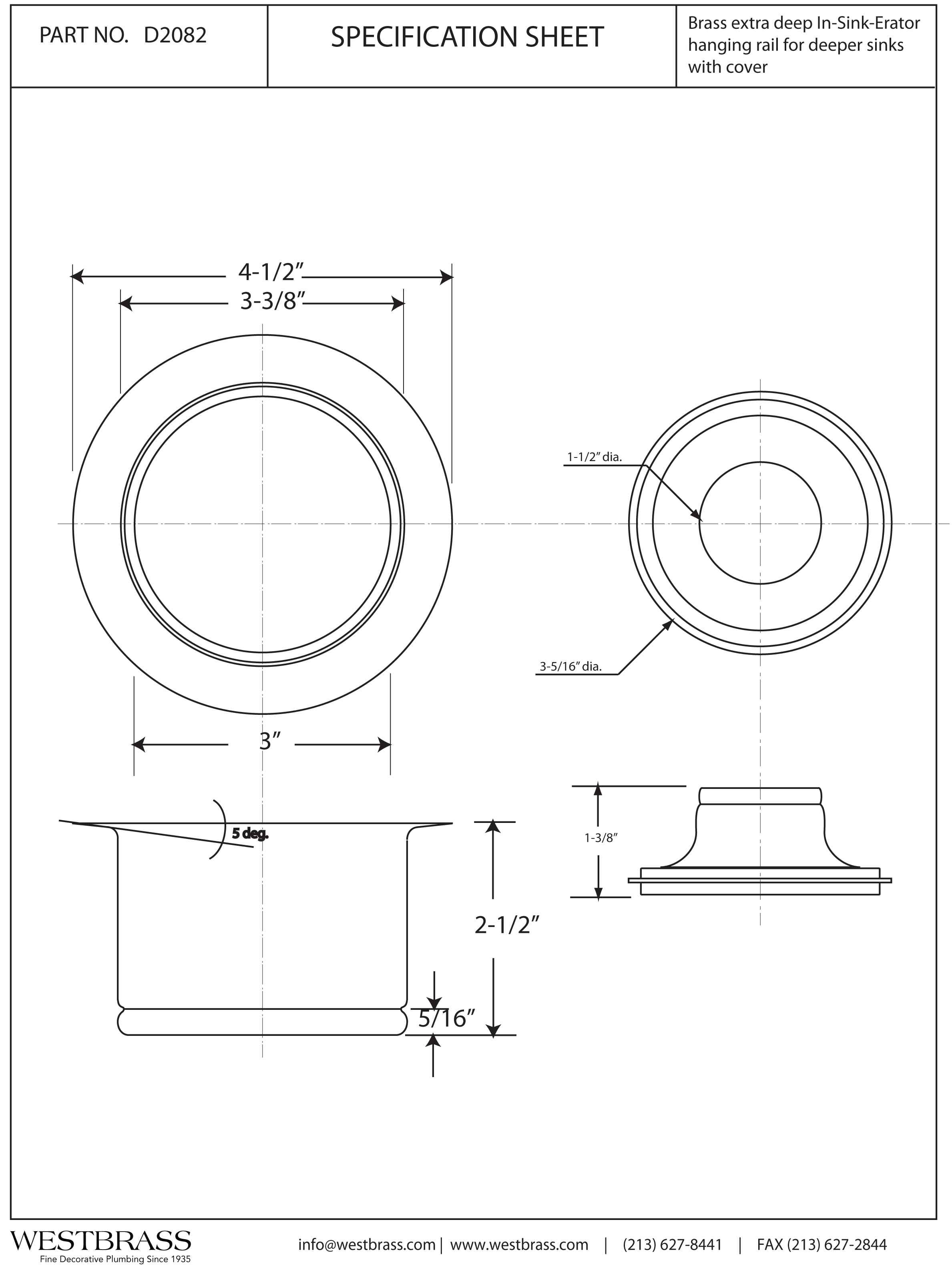 Westbrass D2082-01 3-1/2" Extra-Deep Collar Waste Disposal Flange & Stopper, Polished Brass