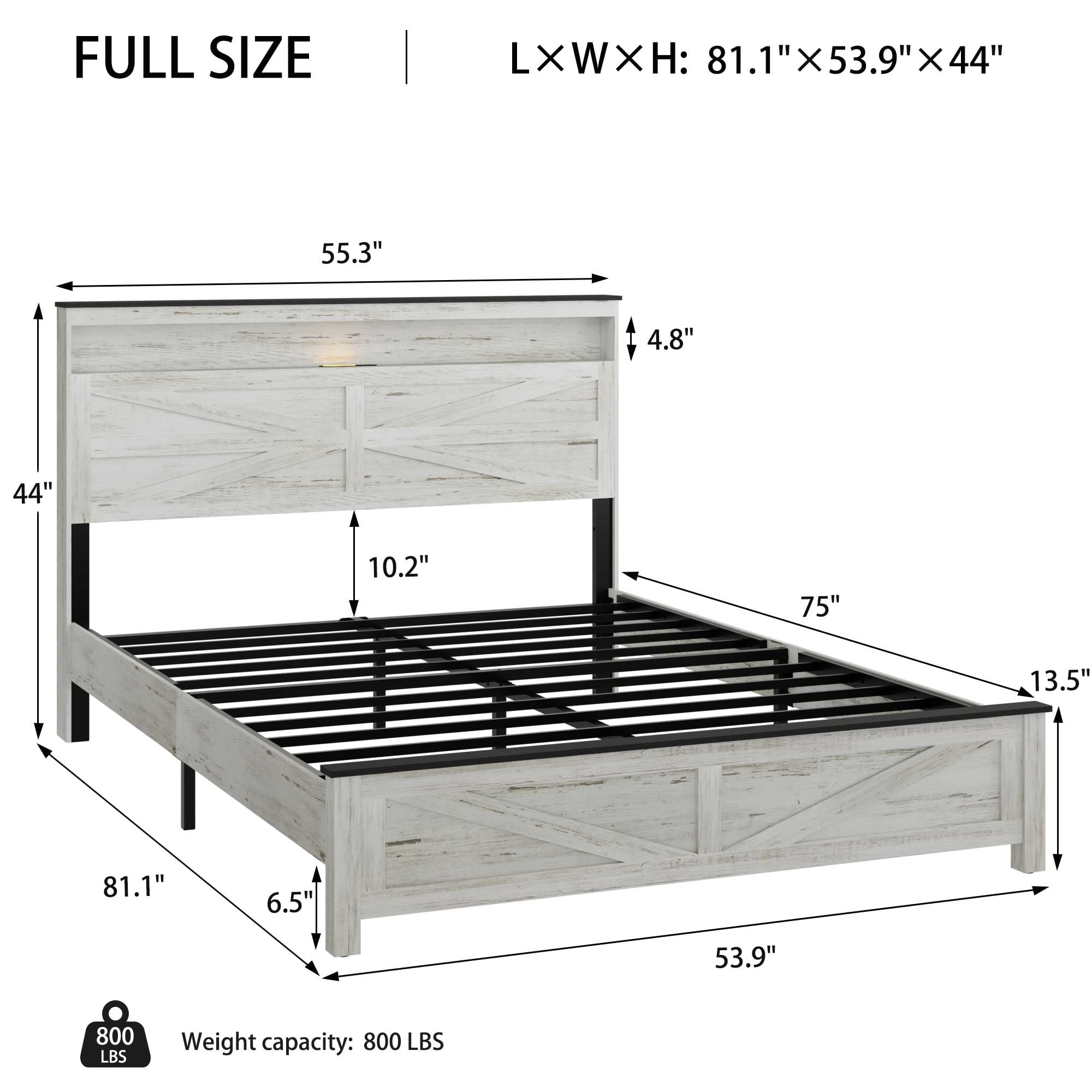BSHTI Full Bed Frame with 2-Tier Storage Headboard, Metal & Wood Platform Bed Frame with Built in Charging Station & LED Lights for Bedroom, Antique White Gray, No Box Spring Needed