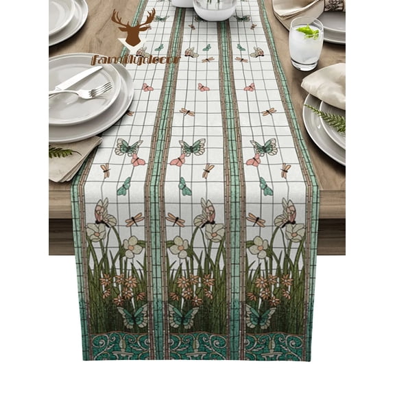Stained Glass Butterfly Dragonfly Plant Table Runner Home Wedding Table Mat Centerpieces Decoration Party Dining Long Tablecloth