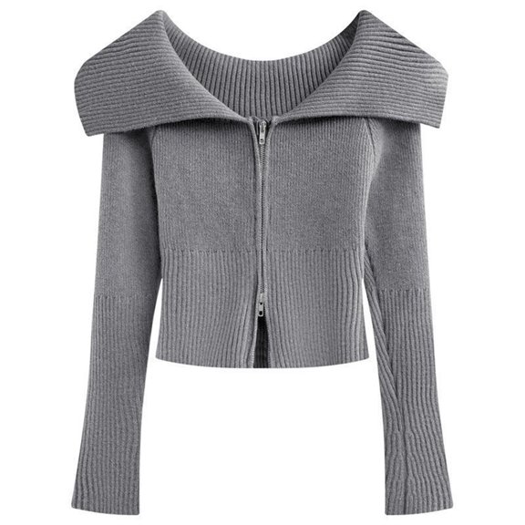 Plus Size Women's One Shoulder Collar Knitted Top Slim Fit Long Sleeve Zipper Cardigan For Autumn Casual Comfortable Stylish