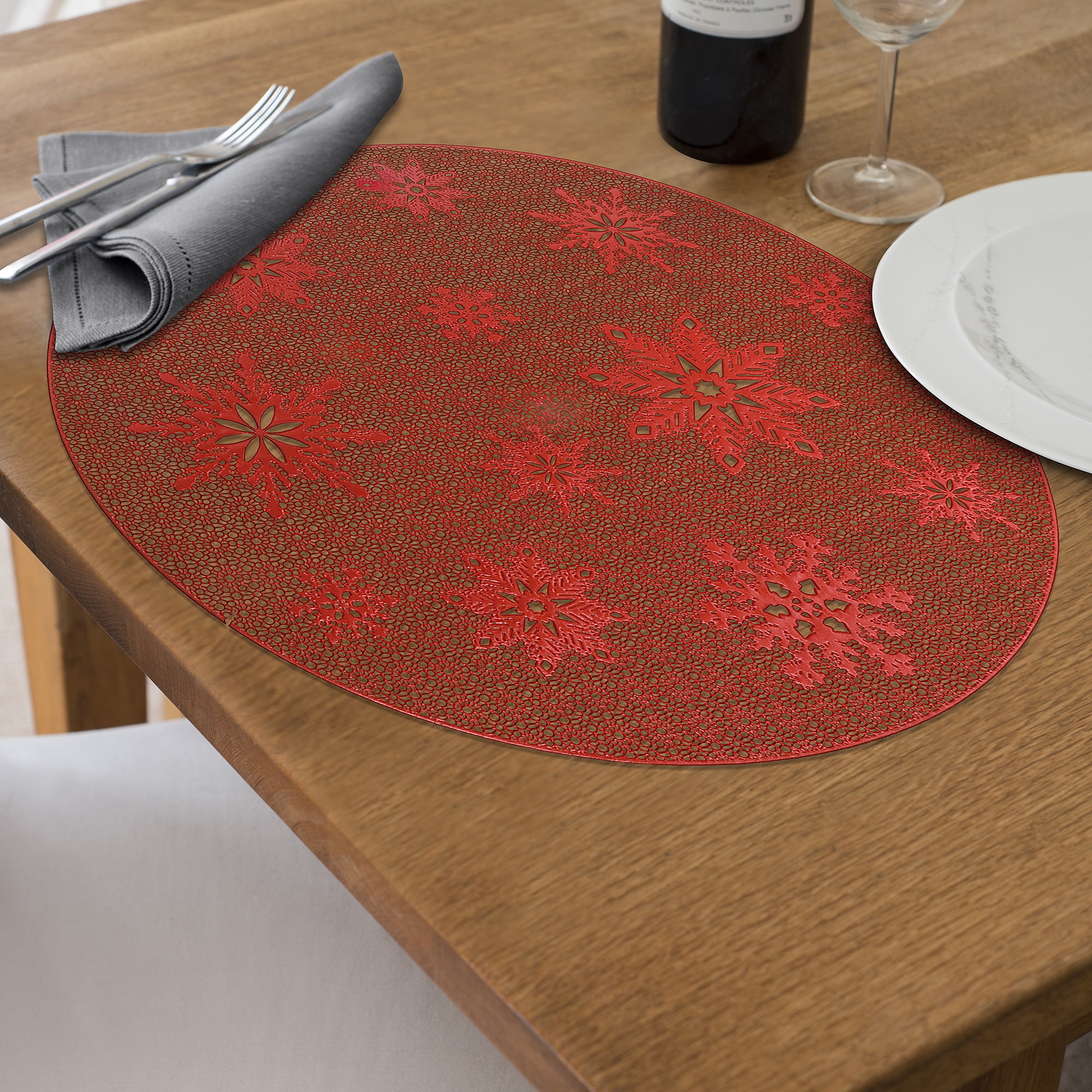 Pvc Round Cut Out Snowflake Placemat (Red) - Set of 12