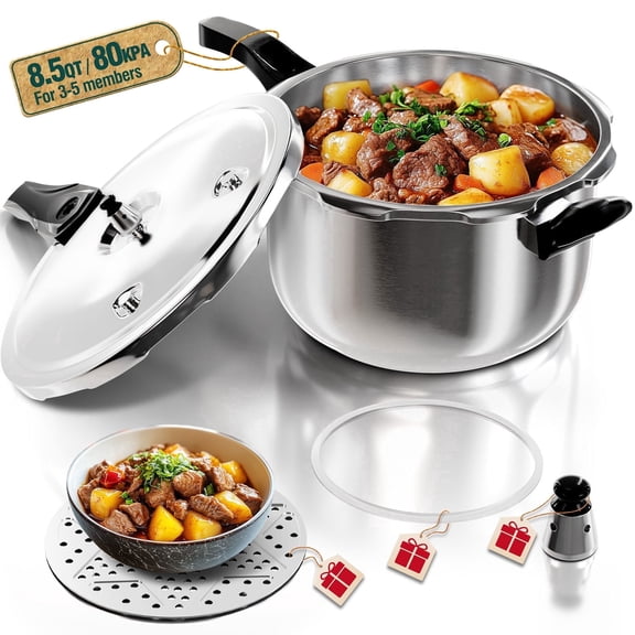 WantJoin 8.5QT Stainless Steel Pressure Cooker with Spring Valve Safeguard Devices, Induction & Gas Cooker Compatible