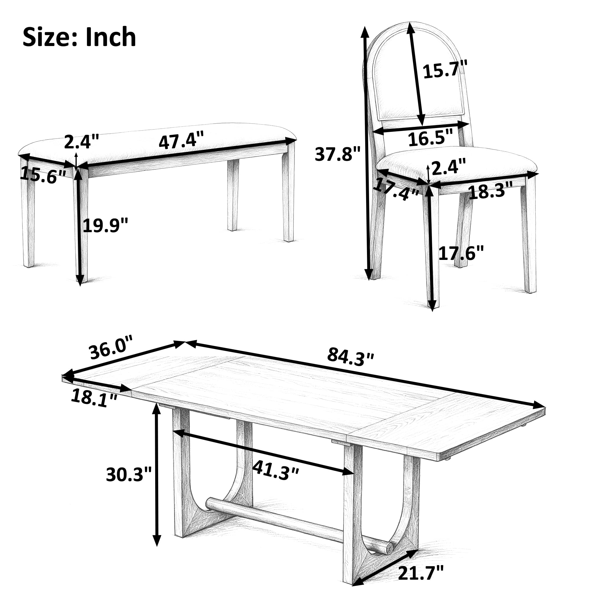 6-Piece Dining Table Set for 6, 48.1"-84.3" Extendable Dining Table with 4 Upholstered Chairs and Bench