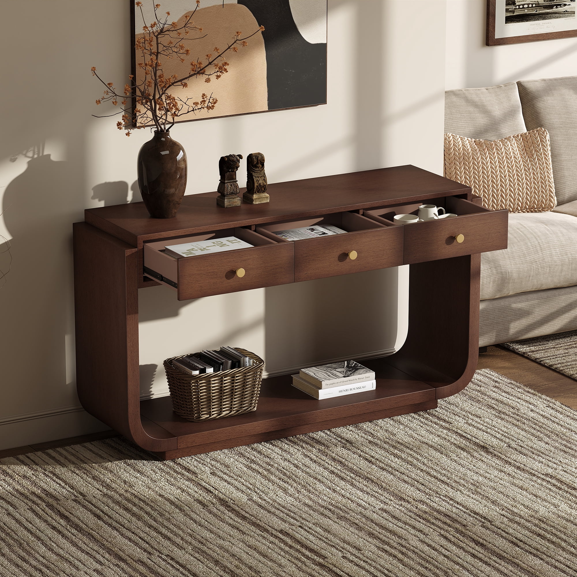 Mintazer Curved Rounded Console Table with Brushed Nickel Handles, Entryway Table with 3 Drawers & Open Bottom Shelf, Anti-Tip Sofa Table for Hallway Living Room Foyer, Walnut