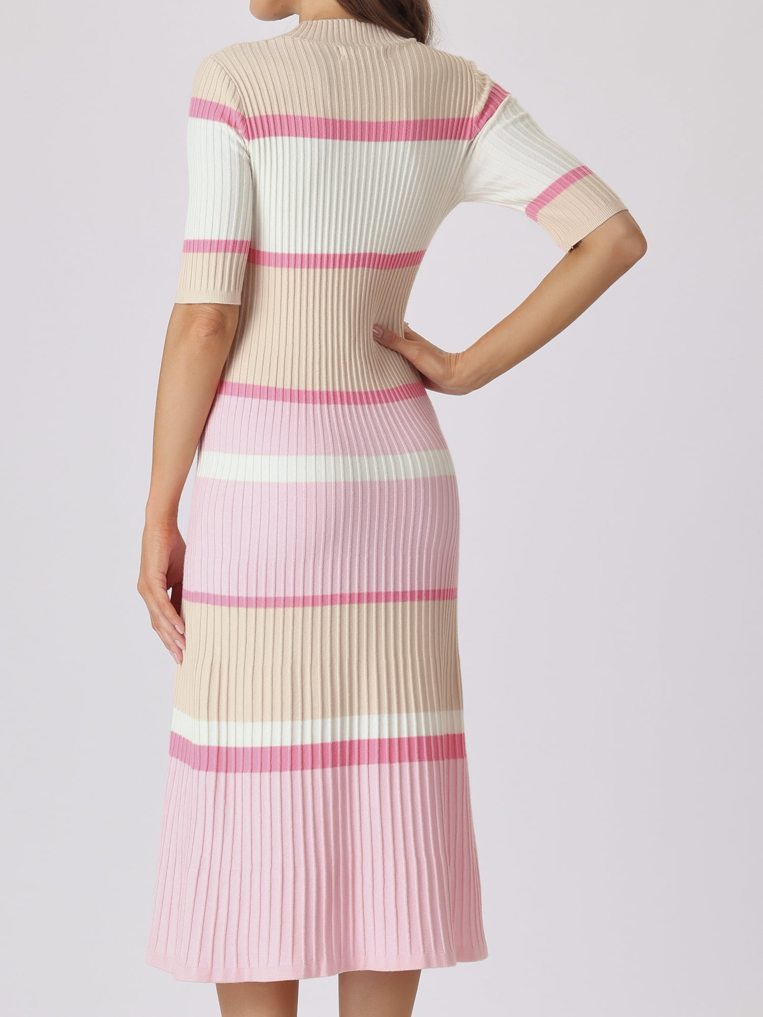 DARING DIVA Women's Striped Short Sleeve A-Line Midi Dresses M Pink