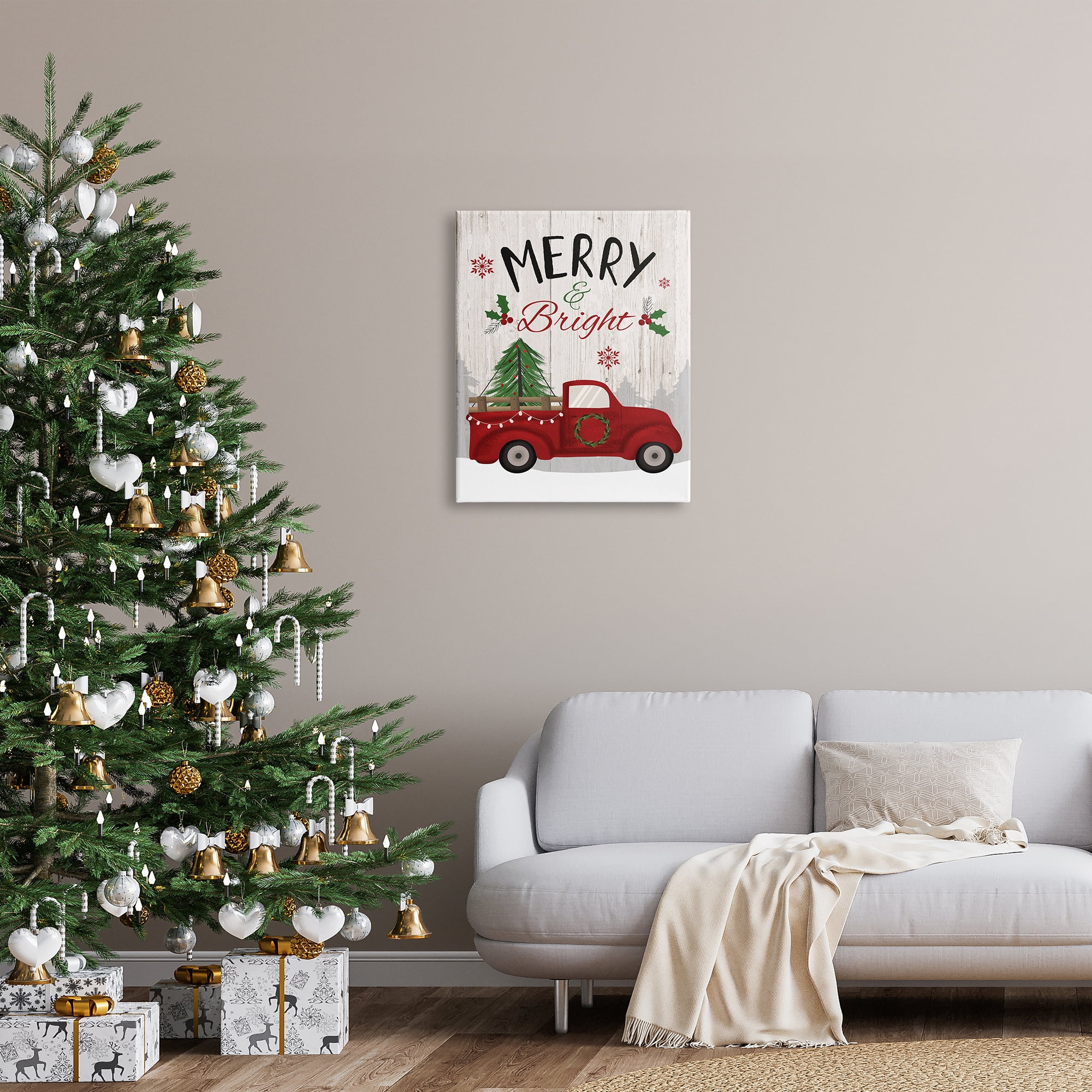 Stupell Indtries Merry & Bright Phrase Red Truck Holiday Forest,24 x 30,Design by Louise Allen Designs